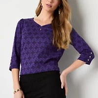 Liz Claiborne Womens Keyhole Neck 3/4 Sleeve Blouse