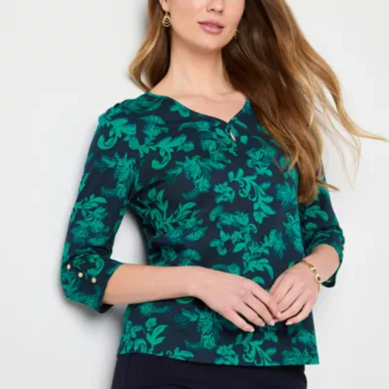 Liz Claiborne Womens Keyhole Neck 3/4 Sleeve Blouse
