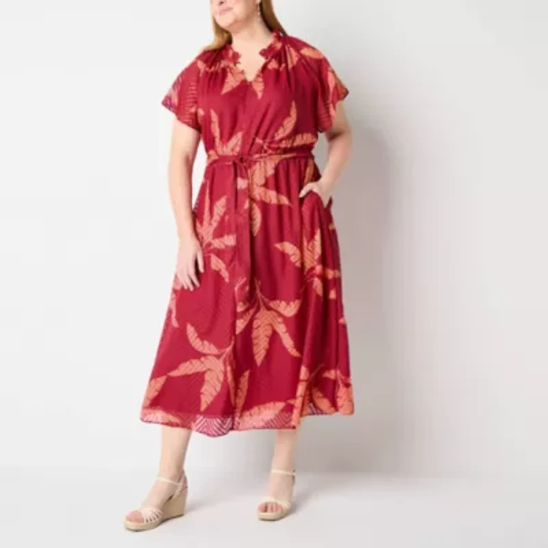 Liz Claiborne Womens Short Sleeve Midi Leaf Plus A-Line Dress