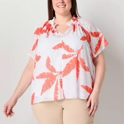Liz Claiborne Womens Split Crew Neck Short Sleeve Plus Blouse