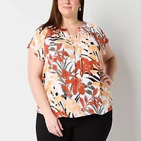 Liz Claiborne Womens Plus Split Tie Neck Short Sleeve Blouse