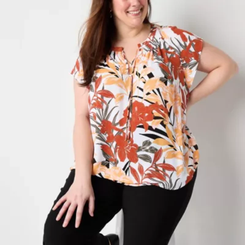 Liz Claiborne Womens Plus Split Tie Neck Short Sleeve Blouse