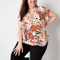 Liz Claiborne Womens Plus Split Tie Neck Short Sleeve Blouse