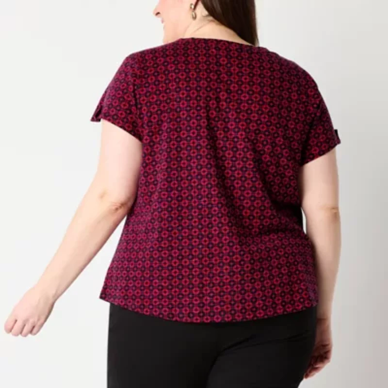Liz Claiborne Womens Plus V Neck Short Sleeve Blouse