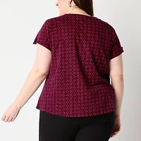 Liz Claiborne Womens Plus V Neck Short Sleeve Blouse
