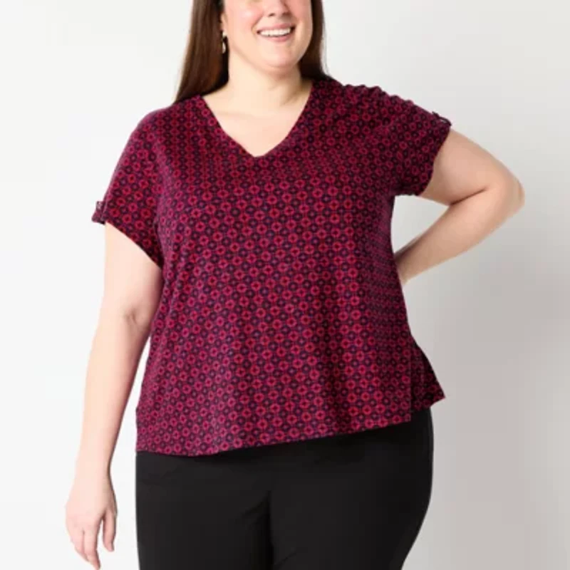 Liz Claiborne Womens Plus V Neck Short Sleeve Blouse