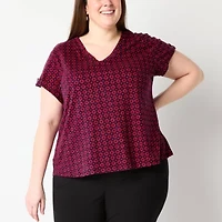 Liz Claiborne Womens Plus V Neck Short Sleeve Blouse