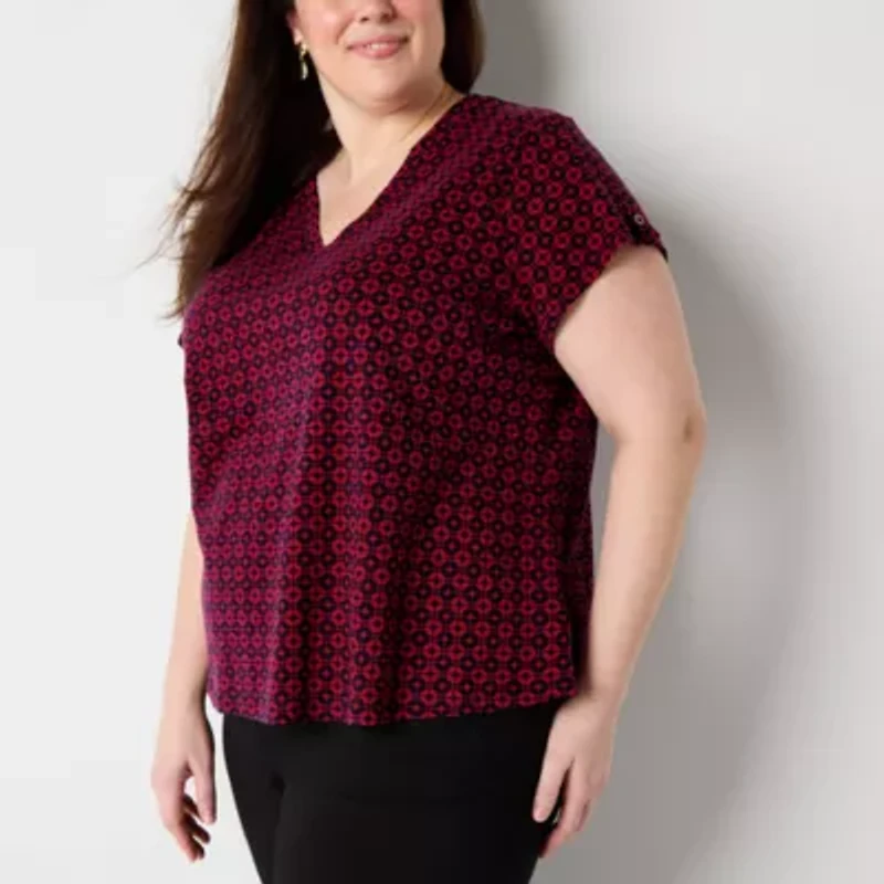 Liz Claiborne Womens Plus V Neck Short Sleeve Blouse