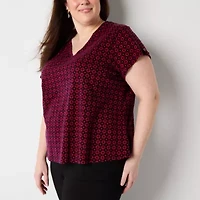 Liz Claiborne Womens Plus V Neck Short Sleeve Blouse