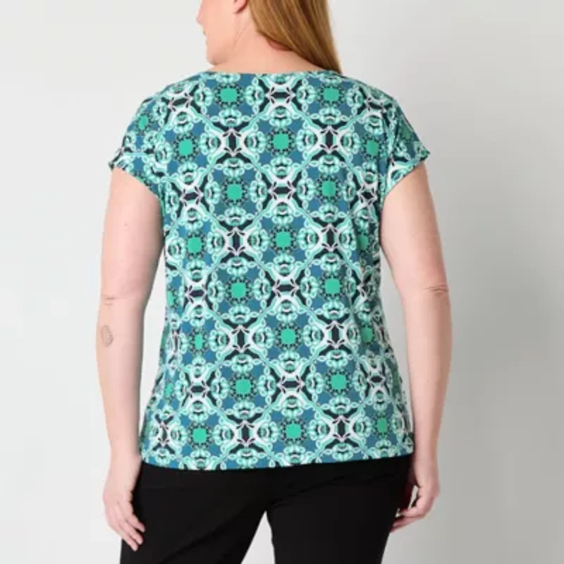 Liz Claiborne Womens Plus Keyhole Neck Short Sleeve Blouse