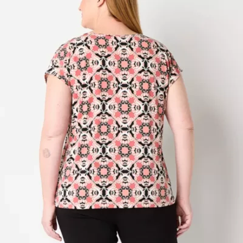 Liz Claiborne Womens Plus Keyhole Neck Short Sleeve Blouse