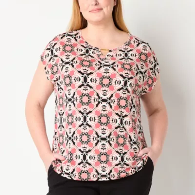 Liz Claiborne Womens Plus Keyhole Neck Short Sleeve Blouse