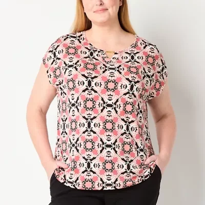 Liz Claiborne Womens Plus Keyhole Neck Short Sleeve Blouse