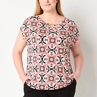 Liz Claiborne Womens Plus Keyhole Neck Short Sleeve Blouse