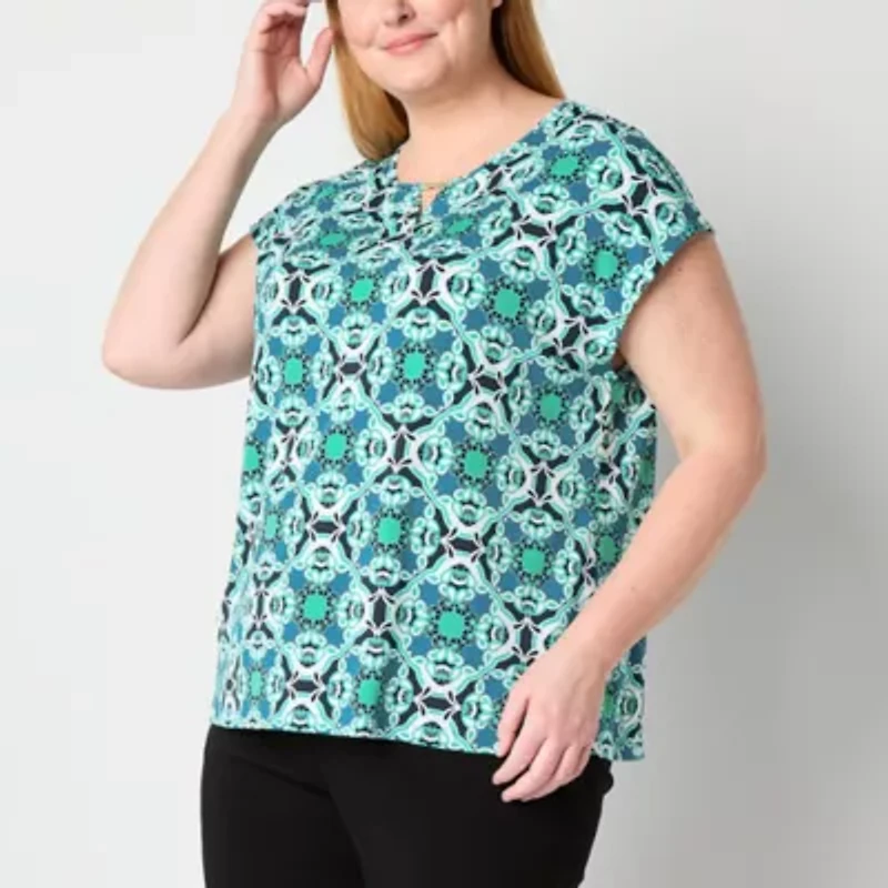 Liz Claiborne Womens Plus Keyhole Neck Short Sleeve Blouse