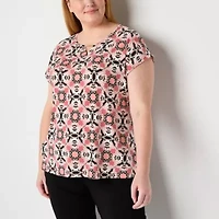 Liz Claiborne Womens Plus Keyhole Neck Short Sleeve Blouse