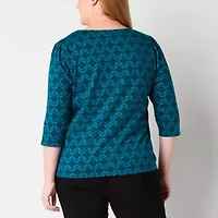 Liz Claiborne Womens Plus Keyhole Neck 3/4 Sleeve Blouse