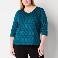 Liz Claiborne Womens Plus Keyhole Neck 3/4 Sleeve Blouse