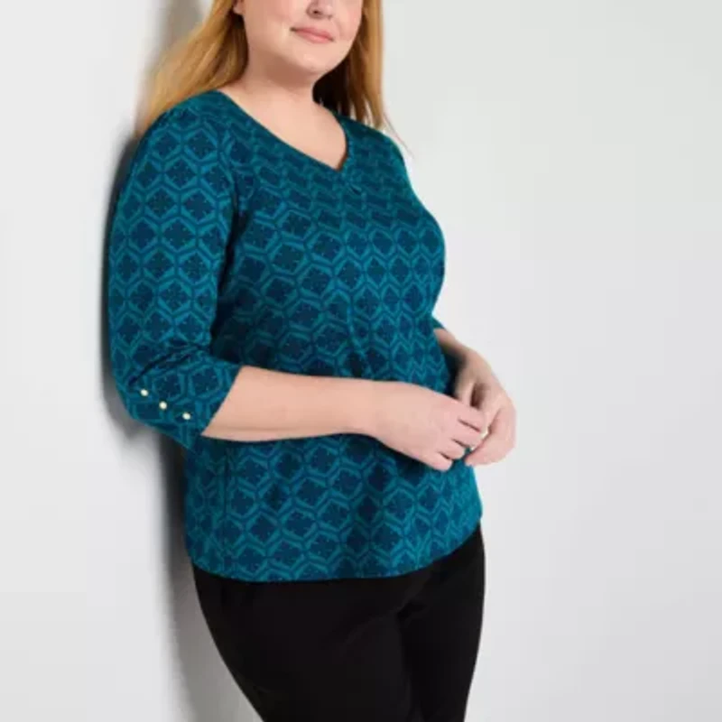 Liz Claiborne Womens Plus Keyhole Neck 3/4 Sleeve Blouse