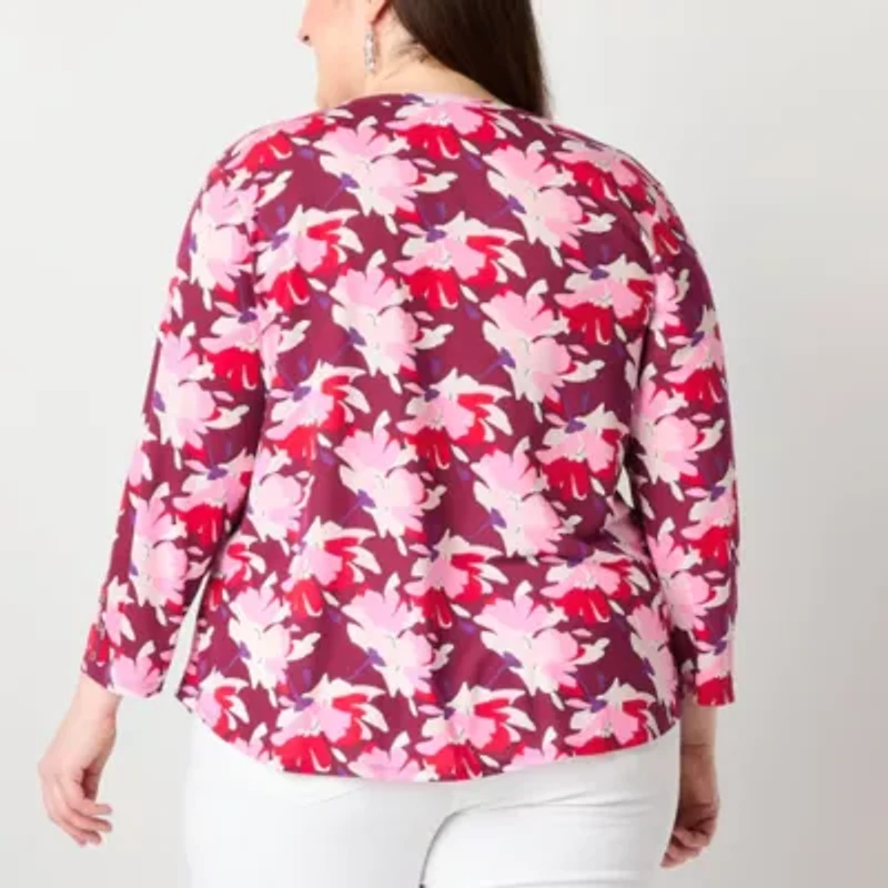 Liz Claiborne Womens V Neck 3/4 Sleeve Plus Blouse