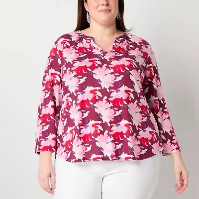 Liz Claiborne Womens V Neck 3/4 Sleeve Plus Blouse