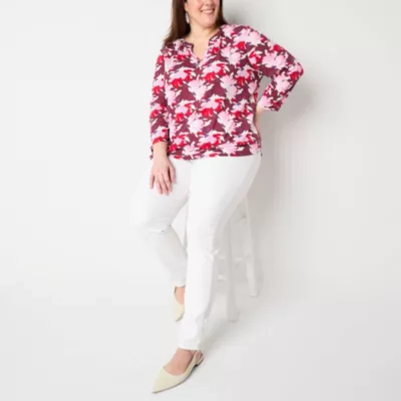 Liz Claiborne Womens V Neck 3/4 Sleeve Plus Blouse