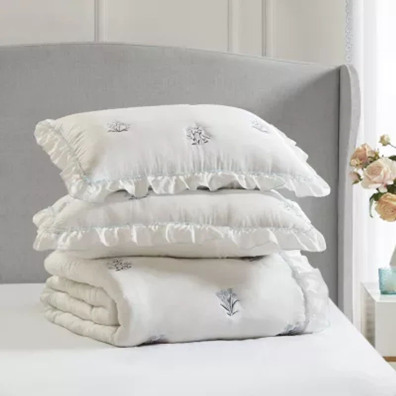 Intelligent Design Arya Floral Embroidered Ruffle Easy Care Quilt Set