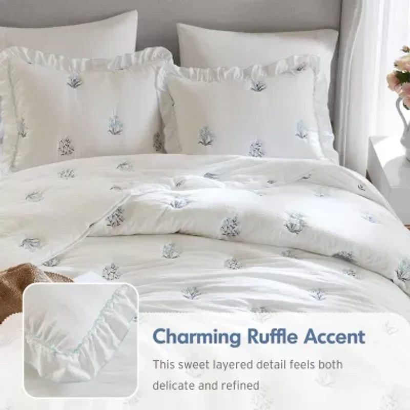 Intelligent Design Arya Floral Embroidered Ruffle Easy Care Quilt Set