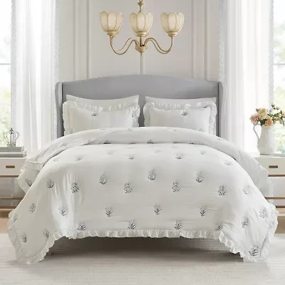 Intelligent Design Arya Floral Embroidered Ruffle Easy Care Quilt Set