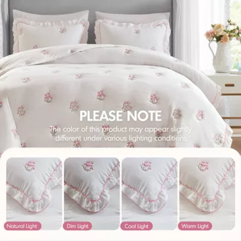 Intelligent Design Arya Floral Embroidered Ruffle Easy Care Quilt Set