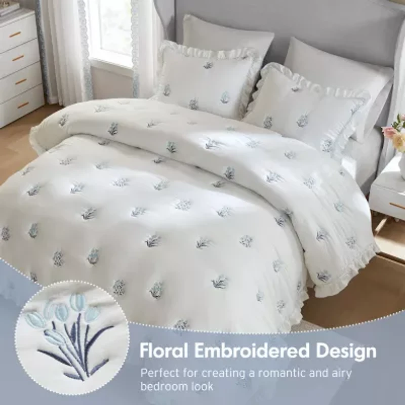 Intelligent Design Arya Floral Embroidered Ruffle Easy Care Quilt Set