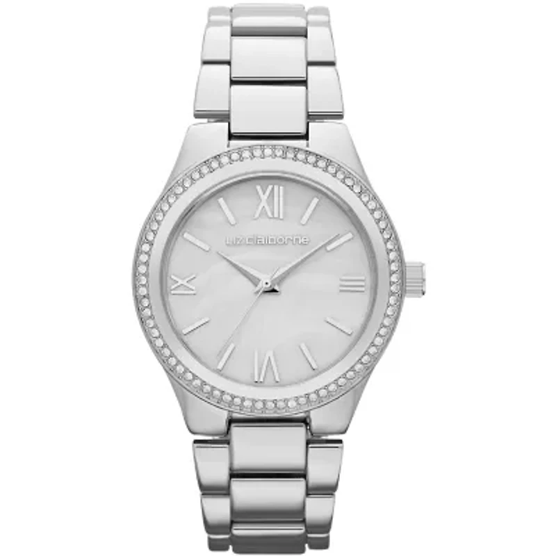 Liz Claiborne® Womens Silver-Tone Crystal-Accent Boyfriend Watch