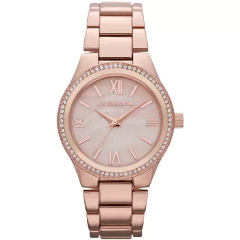 Liz Claiborne® Womens Rose-Tone Crystal-Accent Boyfriend Watch