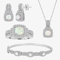 Lab-Created Opal And Cubic Zirconia Pure Silver Over Brass 4Pc Set