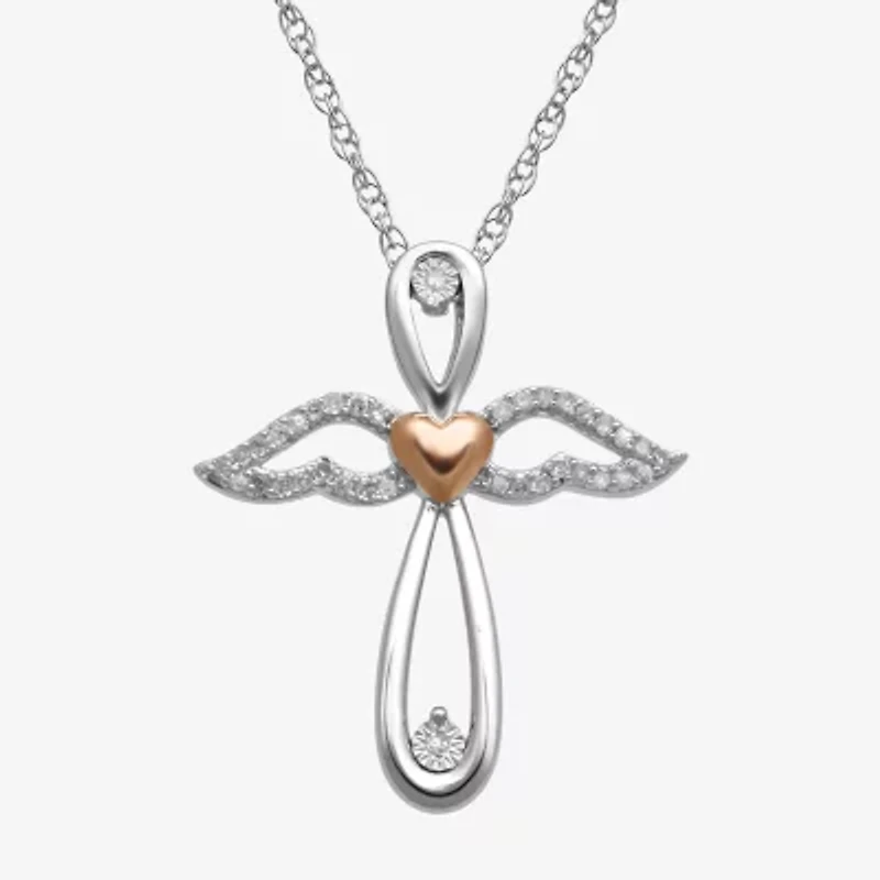 1/10 CT. T.W. Diamond Sterling Silver & 14K Rose Gold over Silver Cross & Angel Pendant Necklace