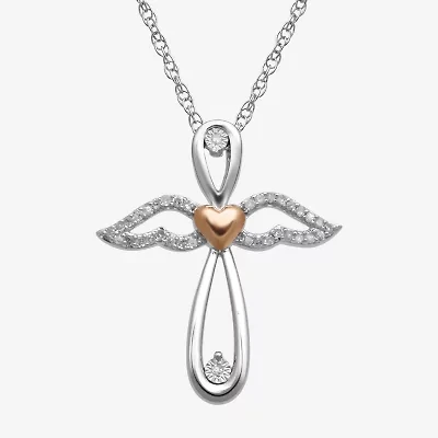 1/10 CT. T.W. Diamond Sterling Silver & 14K Rose Gold over Silver Cross & Angel Pendant Necklace