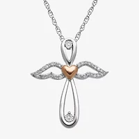 1/10 CT. T.W. Diamond Sterling Silver & 14K Rose Gold over Silver Cross & Angel Pendant Necklace