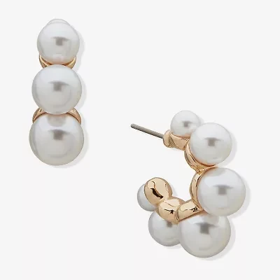Worthington Gold Tone Graduating Womens Simulated Pearl 25.4mm Hoop Earrings