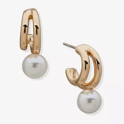Worthington Gold Tone Single Bead Huggie Womens Simulated Pearl 20.3mm Hoop Earrings