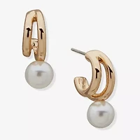 Worthington Gold Tone Single Bead Huggie Womens Simulated Pearl 20.3mm Hoop Earrings