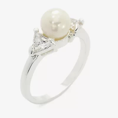 Sparkle Allure Three Stone Womens Simulated Pearl Pure Silver Over Brass Round 3-Stone Side Cocktail Ring