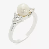 Sparkle Allure Three Stone Womens Simulated Pearl Pure Silver Over Brass Round 3-Stone Side Cocktail Ring