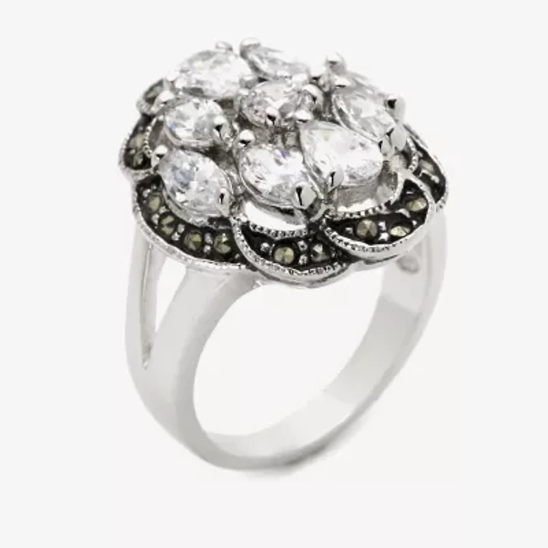 Sparkle Allure Womens Cubic Zirconia Pure Silver Over Brass Flower Cluster Cocktail Ring