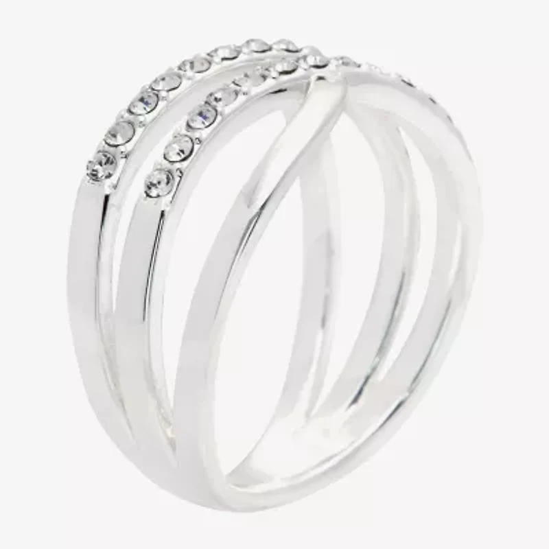 Sparkle Allure Crossover Double Row Womens 3MM Crystal Pure Silver Over Brass Band