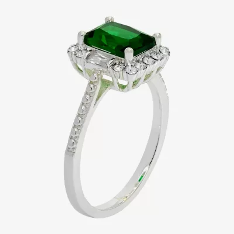 Sparkle Allure Womens Green Crystal Pure Silver Over Brass Halo Engagement Ring