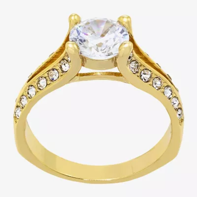 Sparkle Allure Split Shank Solitaire Womens Cubic Zirconia 14K Gold Over Brass Round Engagement Ring