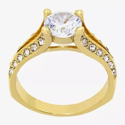 Sparkle Allure Split Shank Solitaire Womens Cubic Zirconia 14K Gold Over Brass Round Engagement Ring