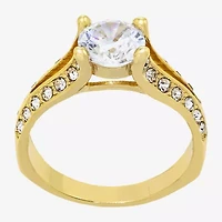 Sparkle Allure Split Shank Solitaire Womens Cubic Zirconia 14K Gold Over Brass Round Engagement Ring