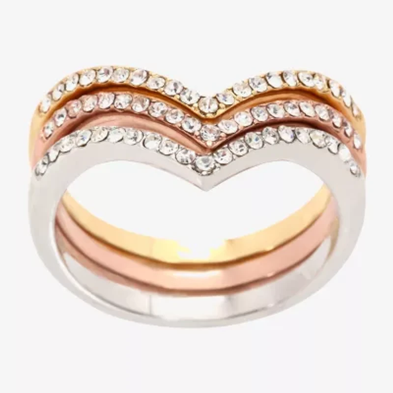 Sparkle Allure Curved Chevron Delicate Womens Crystal 14K Gold Over Brass 18K Rose Ring Set