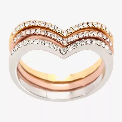 Sparkle Allure Curved Chevron Delicate Womens Crystal 14K Gold Over Brass 18K Rose Ring Set